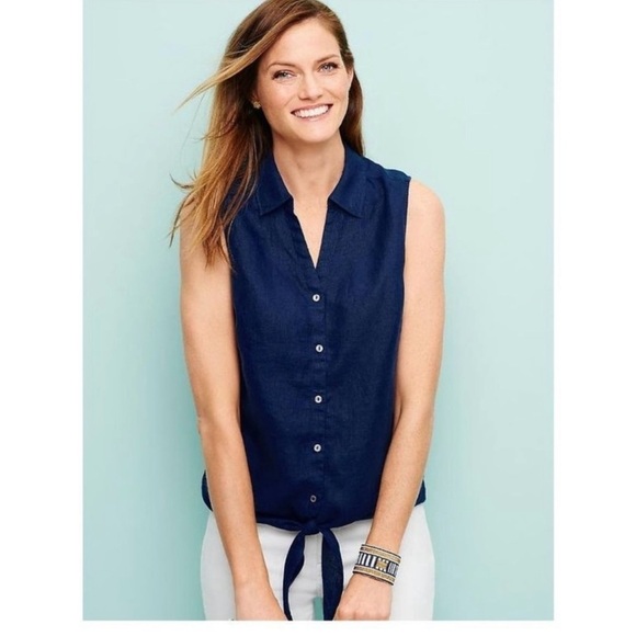 New TALBOTS 100% Linen Navy Blue Sleeveless Tie-Front Blouse Top Size Large NWOT - Picture 1 of 7